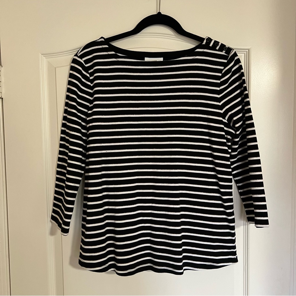 Charter Club Women’s Black 3/4 Sleeve Shirt with Gold & White Stripes (Size L)